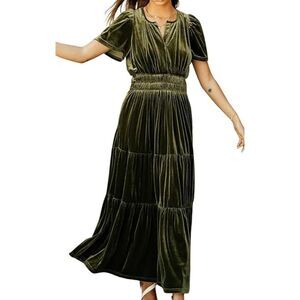 Simplee Dark Forest Green Smocked Velvet Maxi Dress Sz Medium